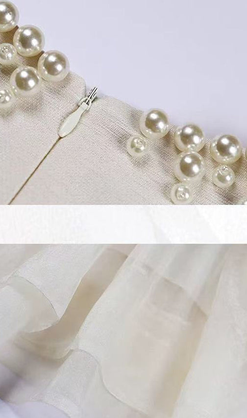 Sleeveless Midi Dress with Tulle Skirt and Pearl Embellished Collar - Ivoire