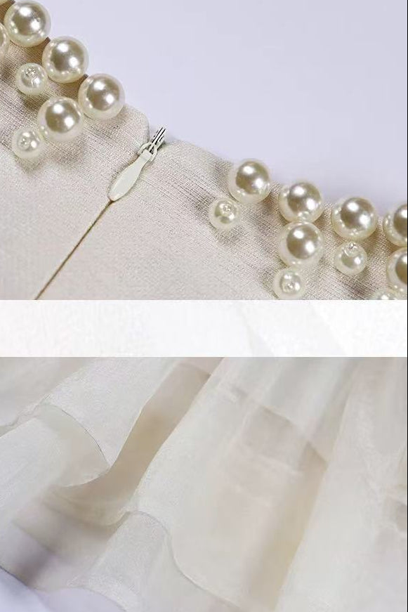 Sleeveless Midi Dress with Tulle Skirt and Pearl Embellished Collar - Ivoire
