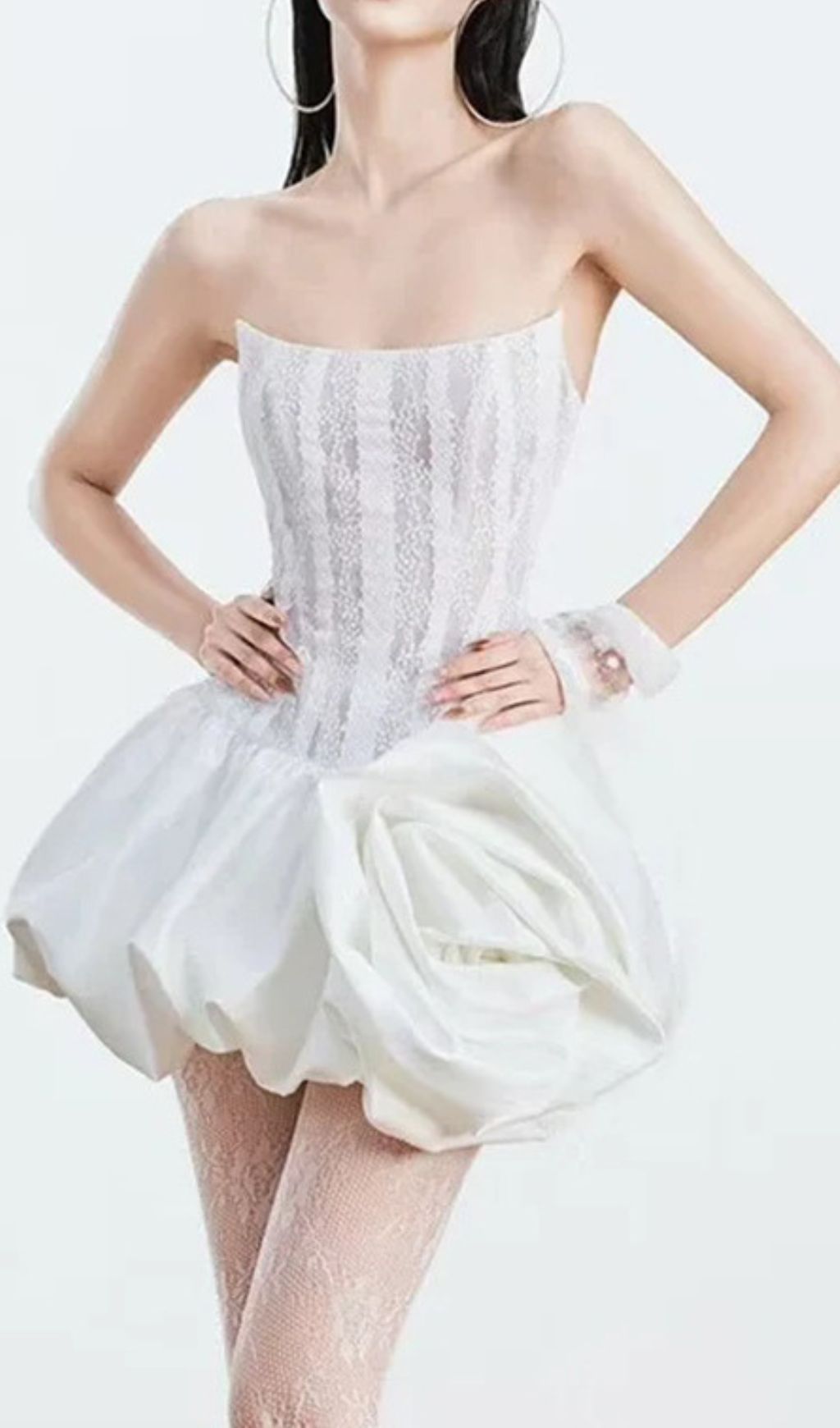 Irene White Strapless Corset Mini Dress with Floral Bubble Skirt | Bridal & Party Perfect