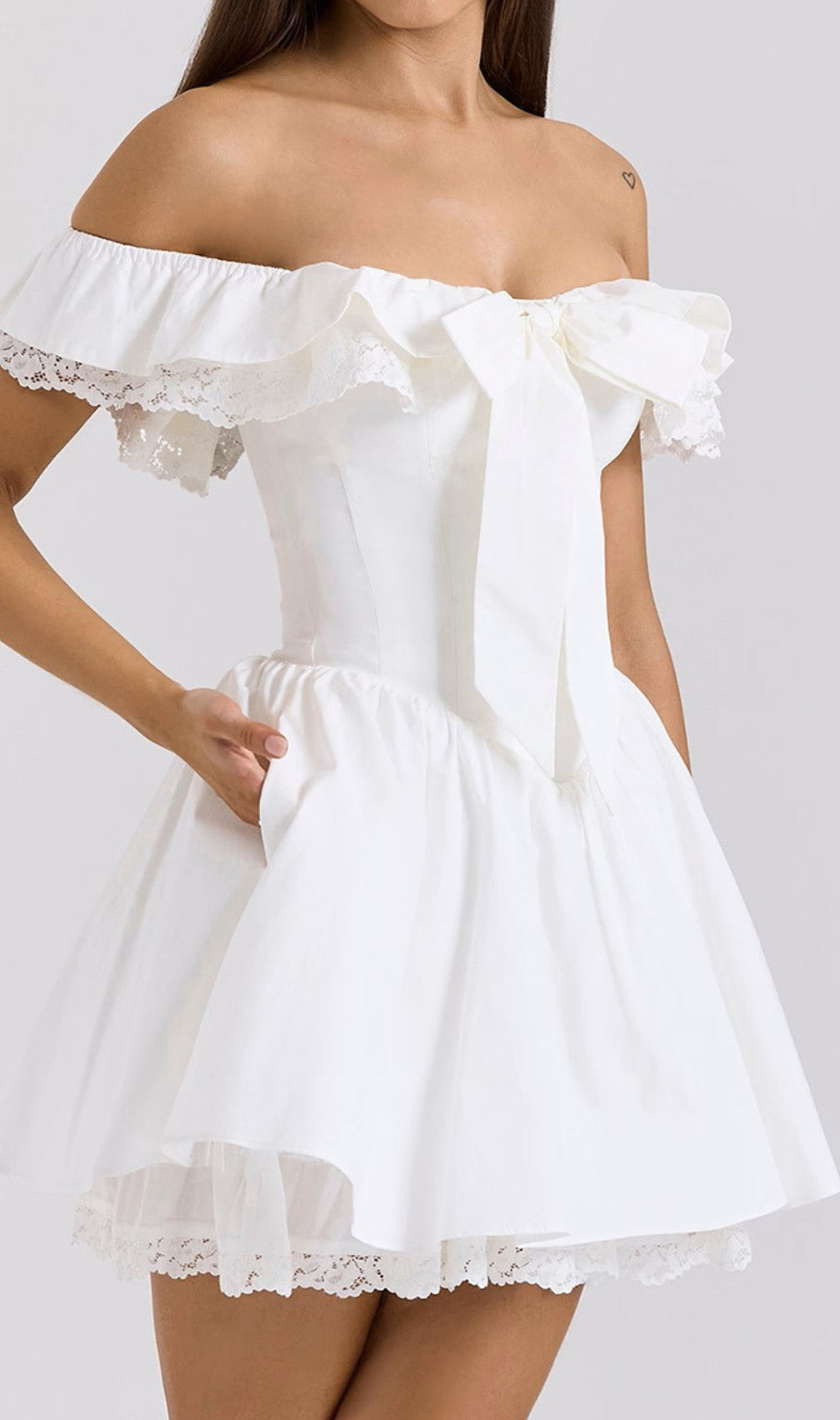 Devona White Off-Shoulder Bow Mini Dress