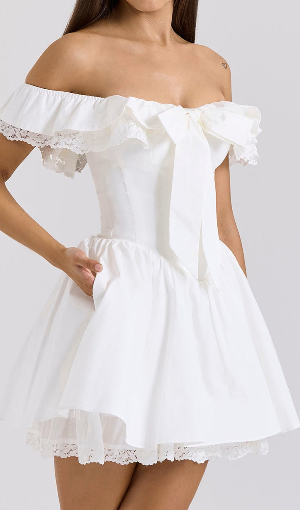 Devona White Off-Shoulder Bow Mini Dress