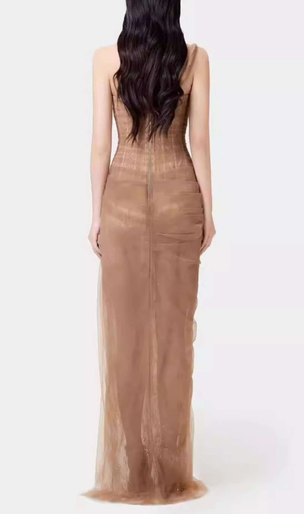 Anandi Brown Mesh Corset Maxi Dress