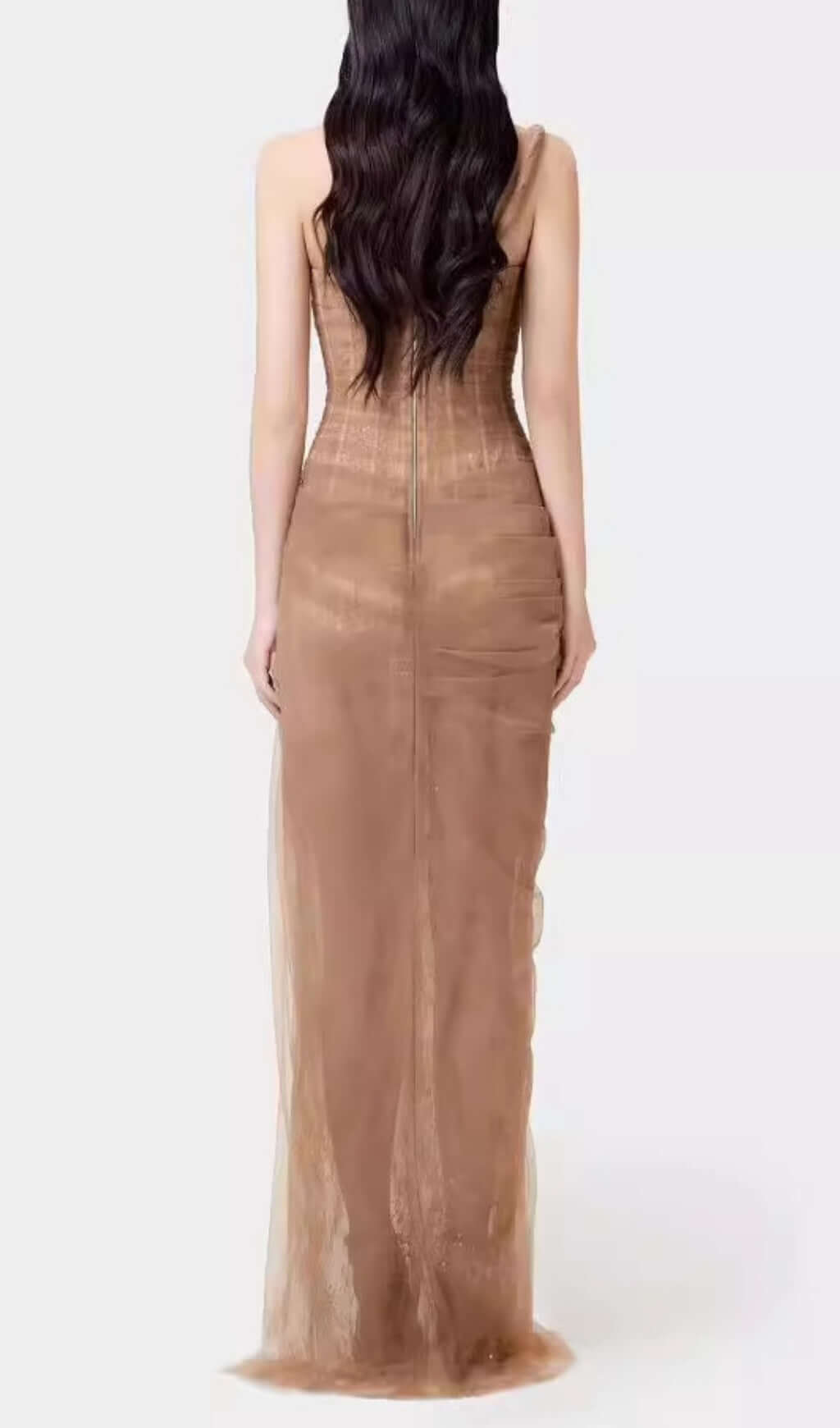 Anandi Brown Mesh Corset Maxi Dress