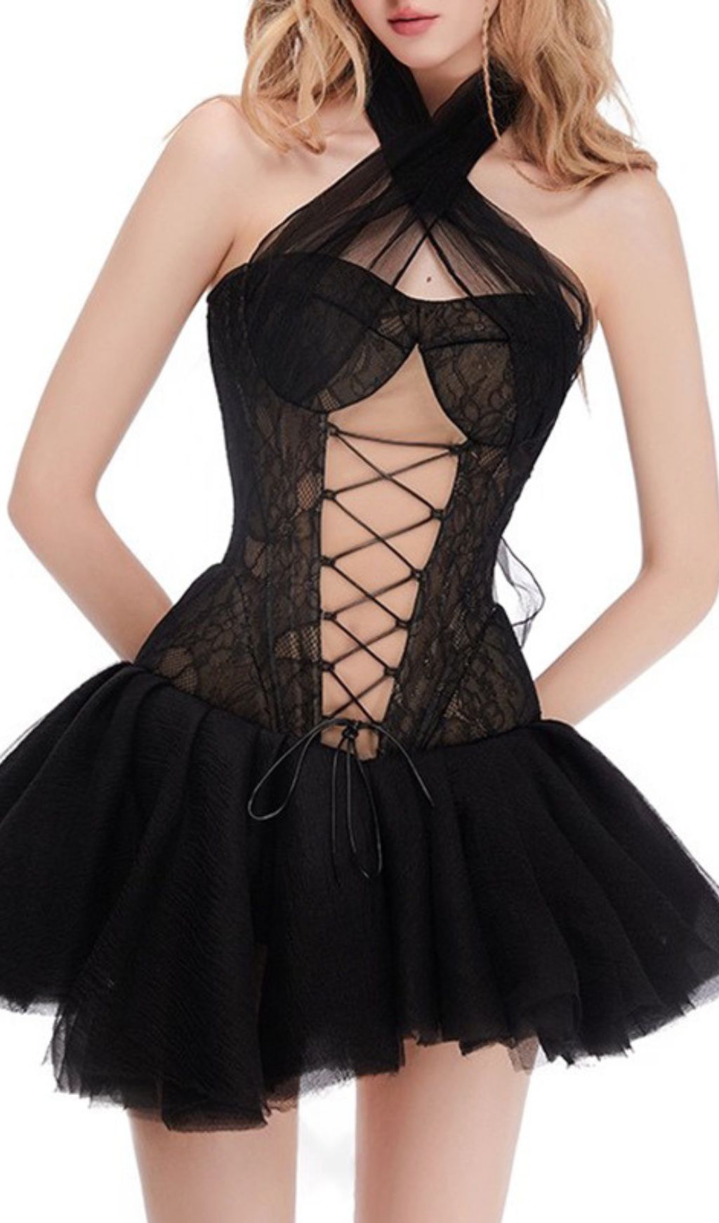 Sultry Isabella Black Halter Lace Mini Dress - Party & Date Night