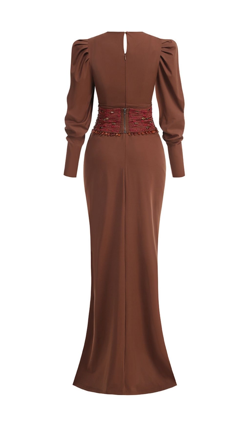 Ciqala V-Neck Maxi Dress: Beaded Corset Waist, Statement Sleeves & High Slit