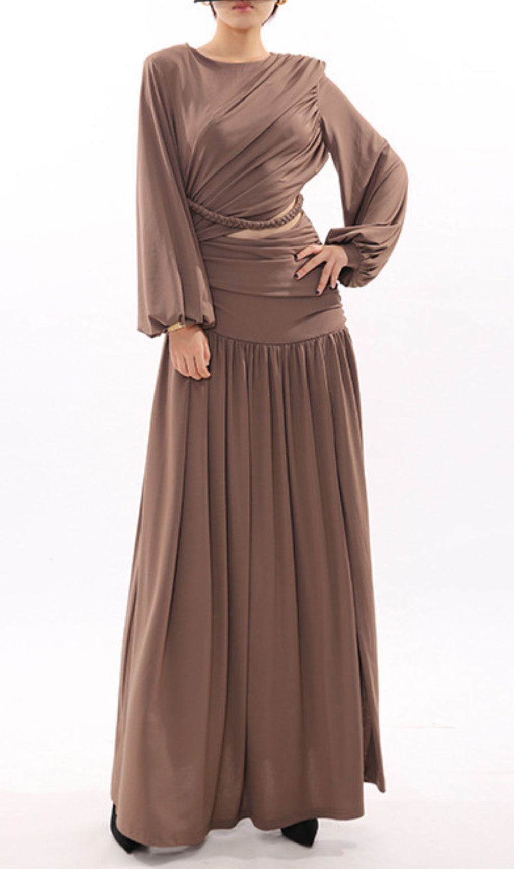 Ignacia Draped Long Sleeve Maxi Dress with Braided Waist Cutout - Elegant Event Gown