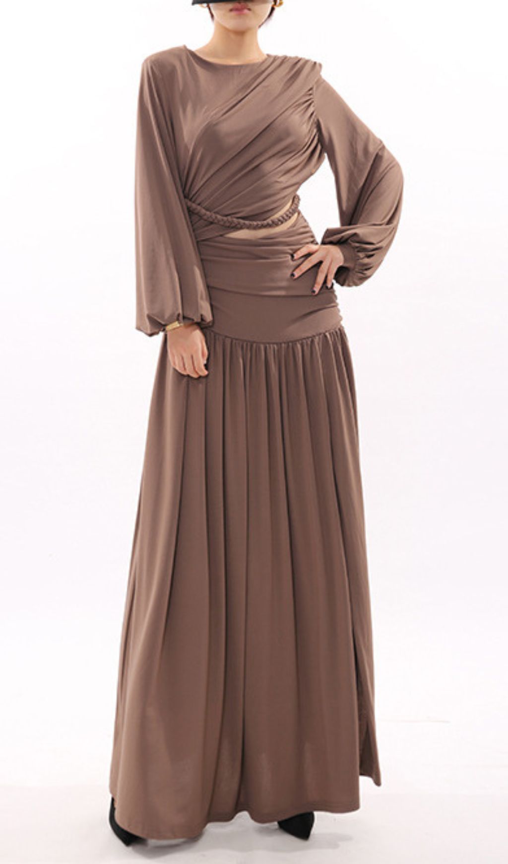 Ignacia Draped Long Sleeve Maxi Dress with Braided Waist Cutout - Elegant Event Gown
