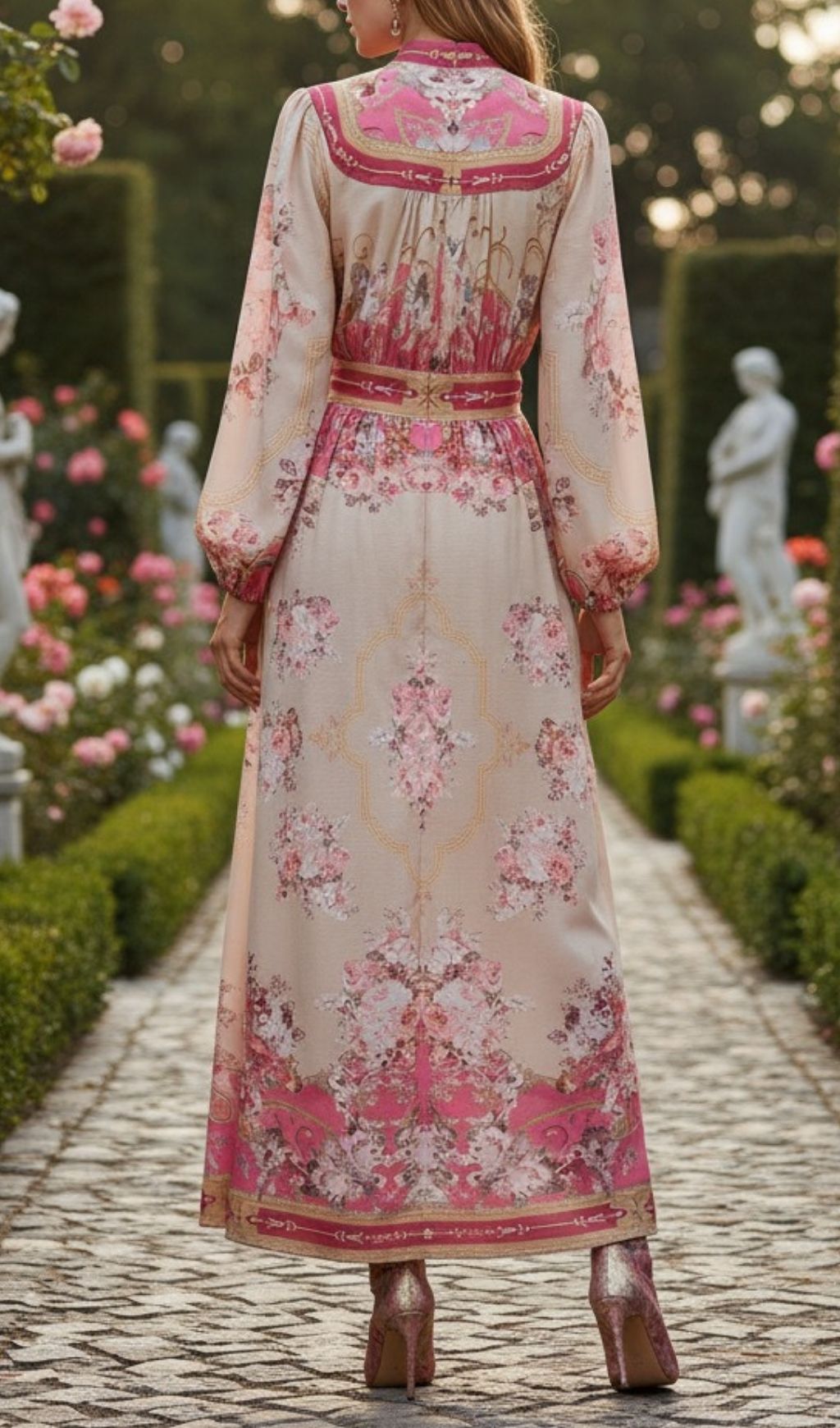 Kamillia Pink Floral Long Sleeve Maxi Dress - Elegant Garden Party Gown