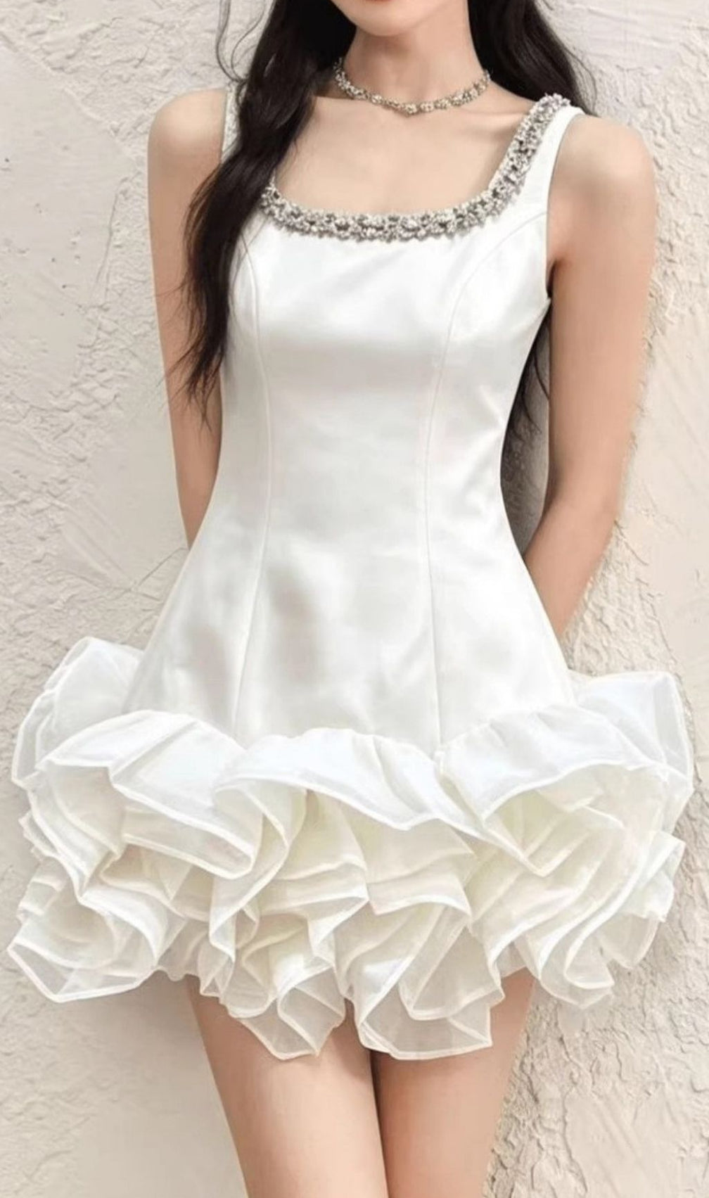 Kinley Pink Satin Diamante Ruffle Mini Dress - Glamorous Cocktail Party Gown