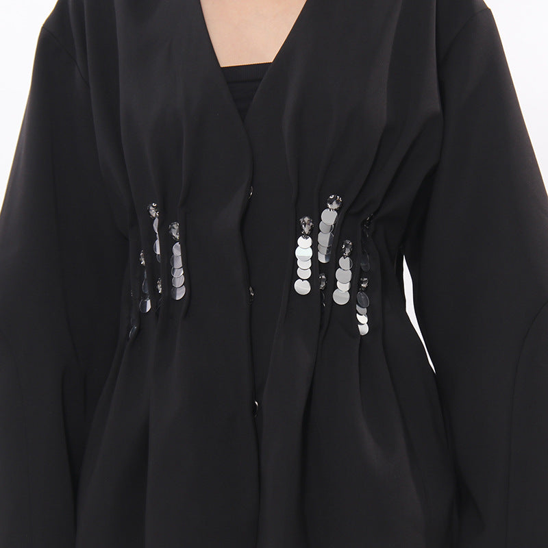 Janina Black Pleated Sequin Embellished Blazer – Chic Lace Patchwork Statement Jacket