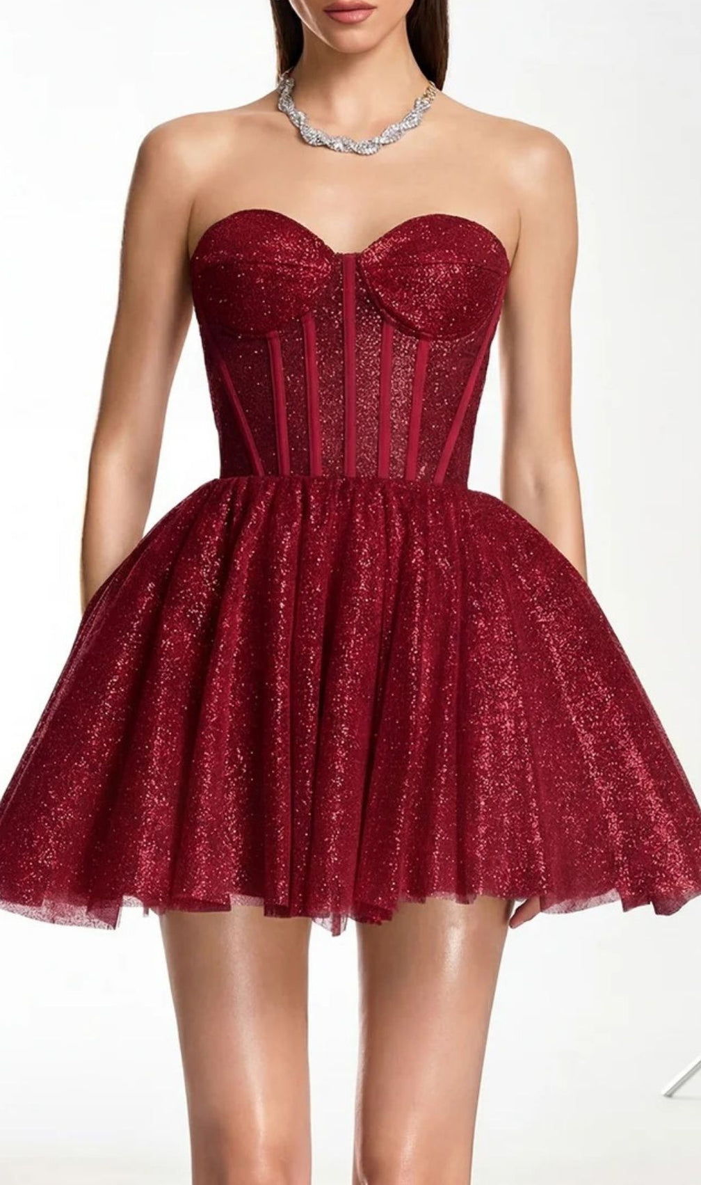 Darda Strapless Glitter Corset Mini Dress - Wine Red Party Glam