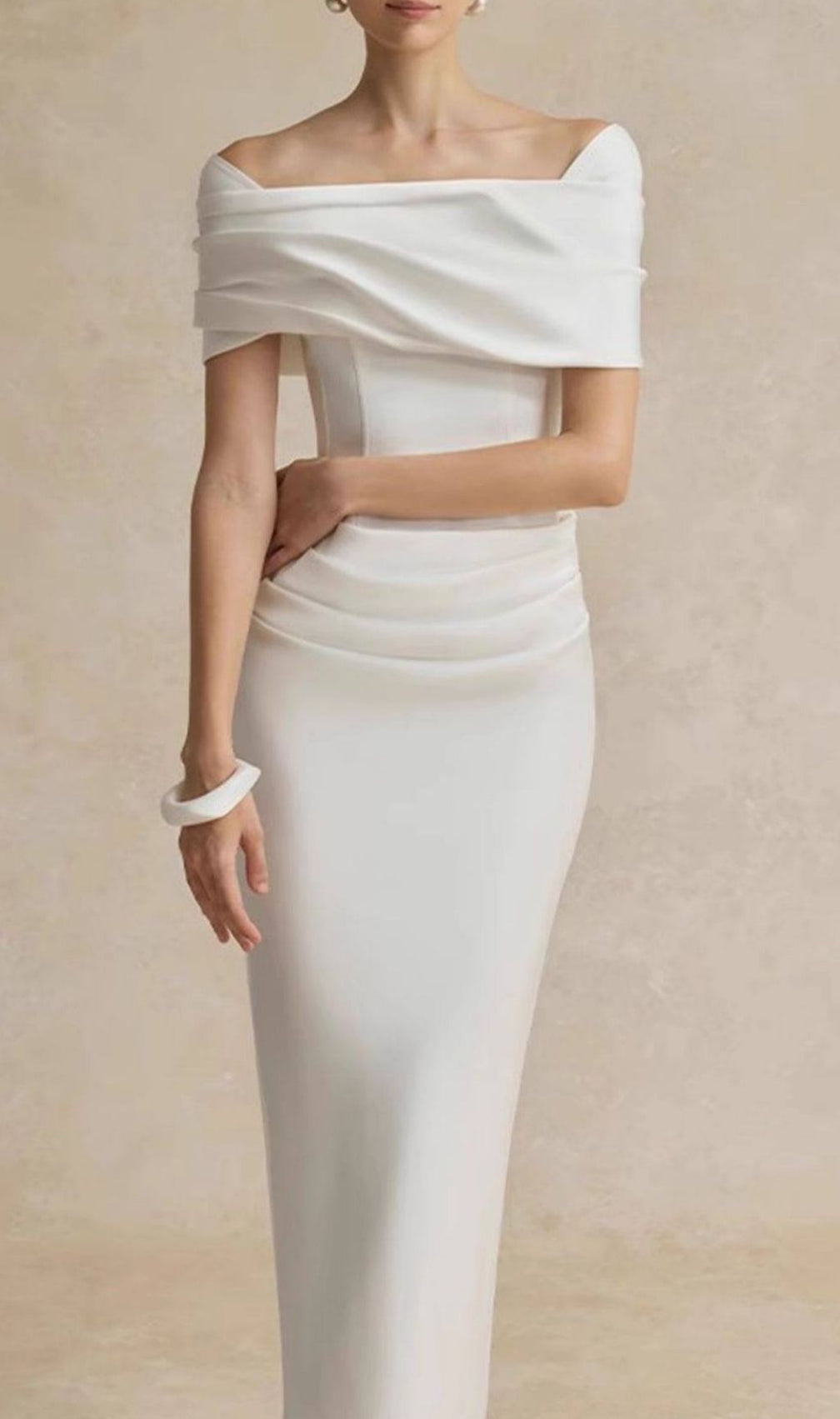Kamar Elegant White Off-Shoulder Draped Midi Dress - Bridal & Special Occasion