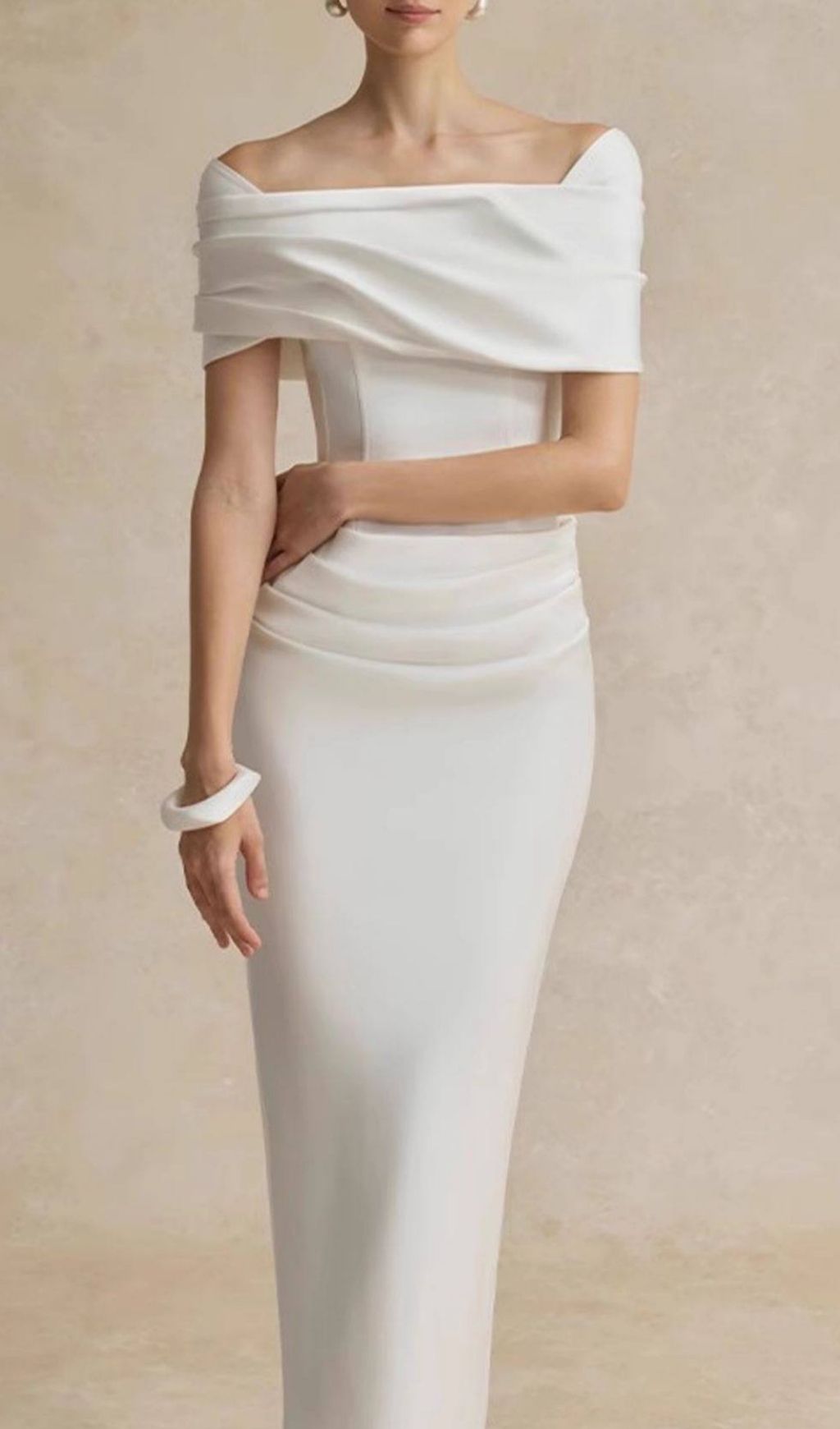 Kamar Elegant White Off-Shoulder Draped Midi Dress - Bridal & Special Occasion