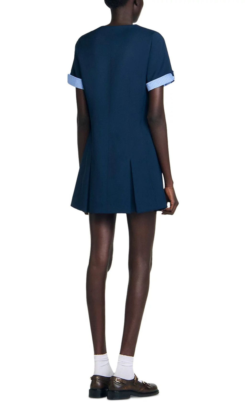 Navy Chic Pleated Mini Dress | Contrast Cuff & Gold Button Detail