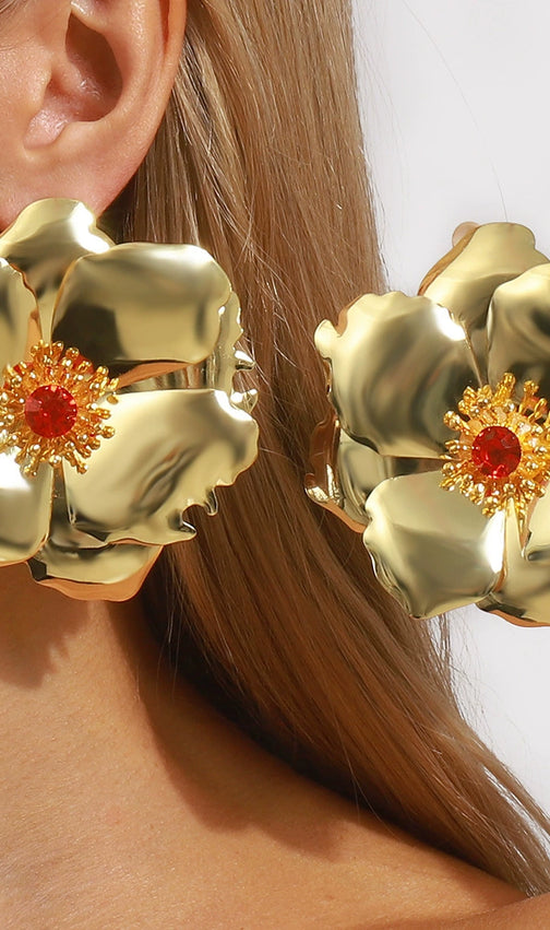 Jumana Gold Statement Flower Earrings with Red Gem