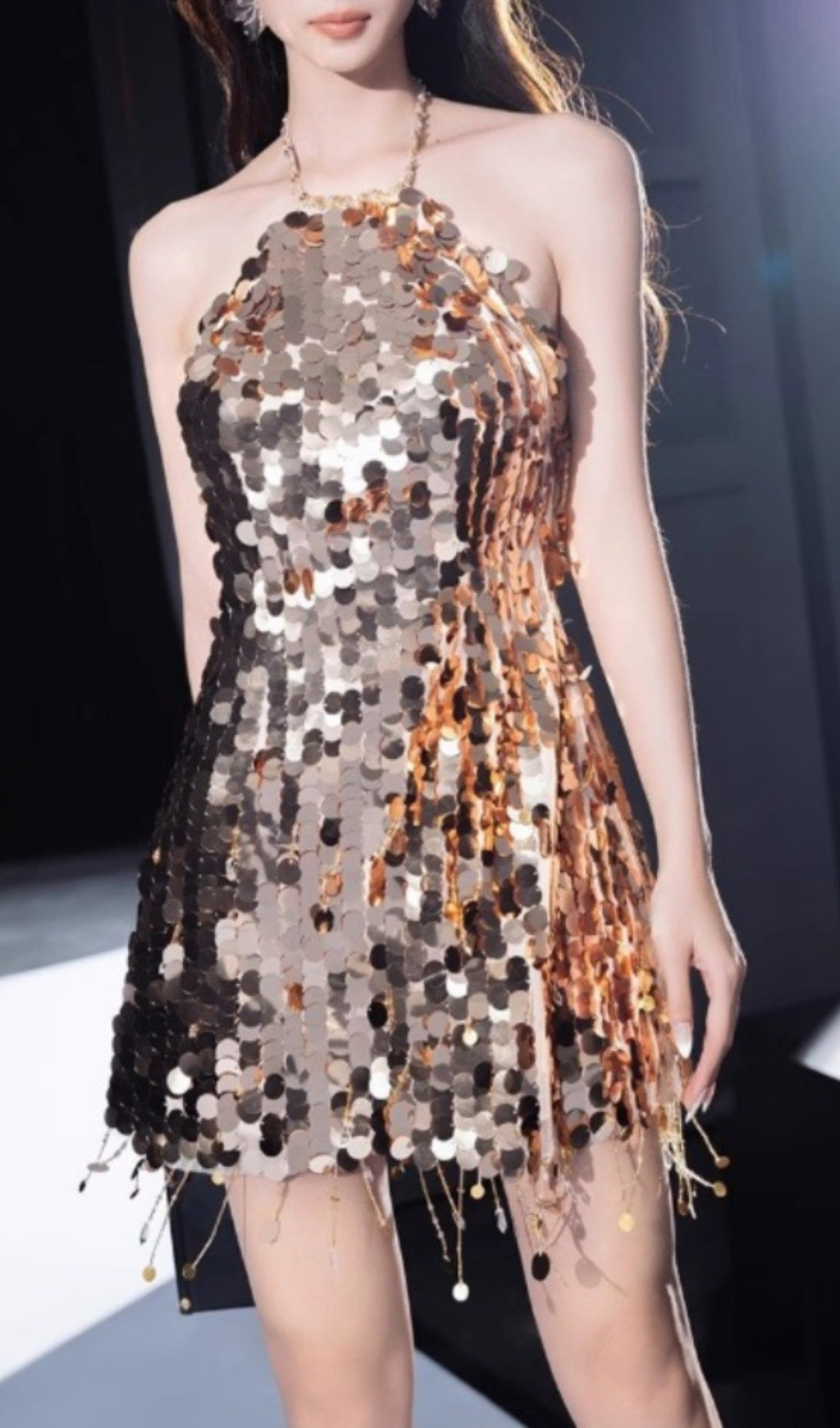 Chanita Gold Sequin Backless Mini Dress