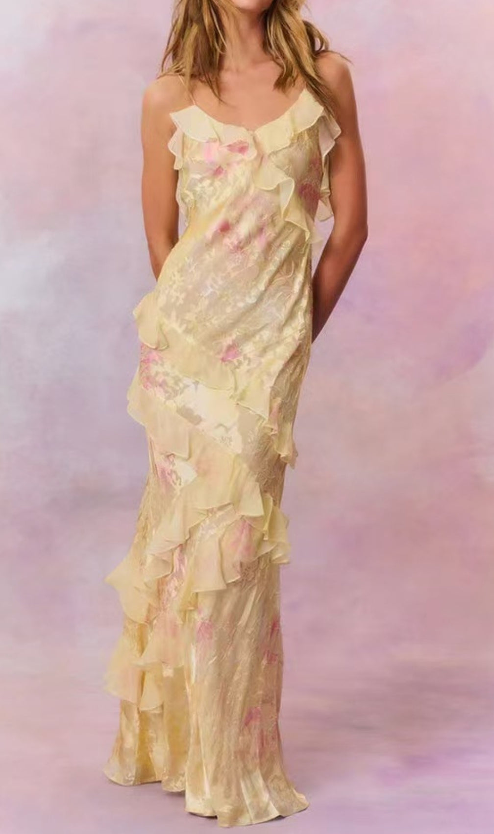 Brocha Yellow V-Neck Floral Ruffle Maxi Dress