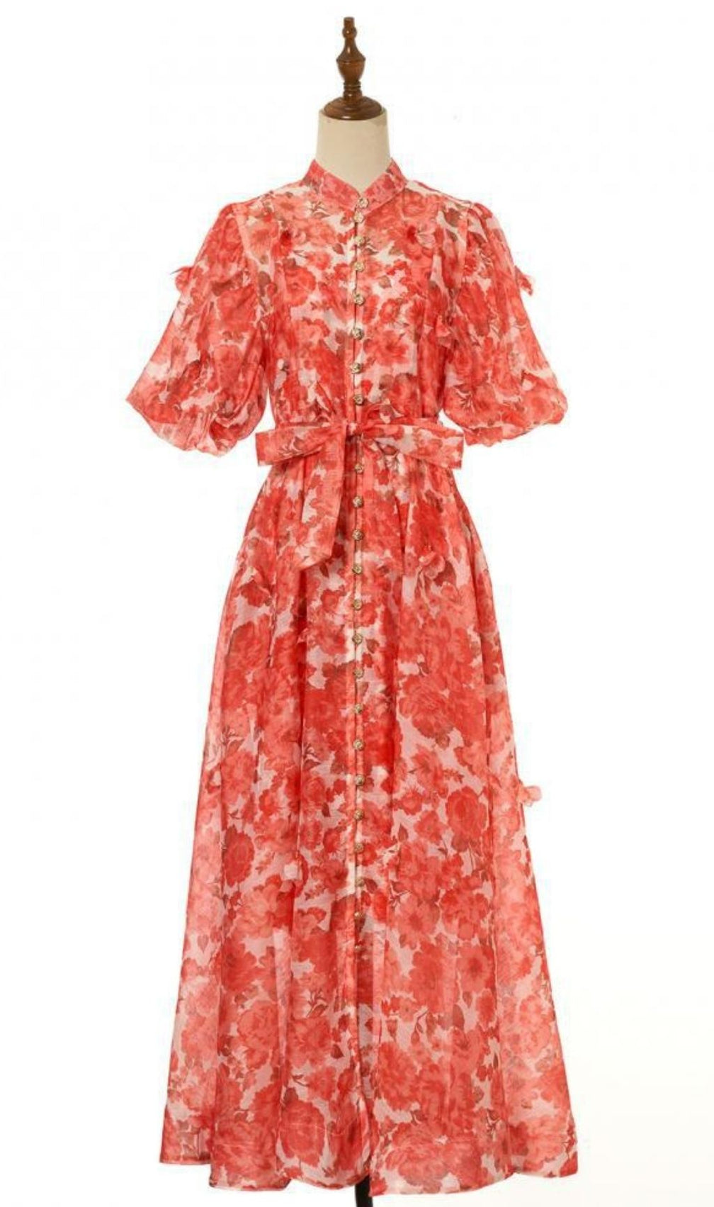 Karmela Romantic Floral Puff-Sleeve Maxi Dress - Elegant Button-Front Gown