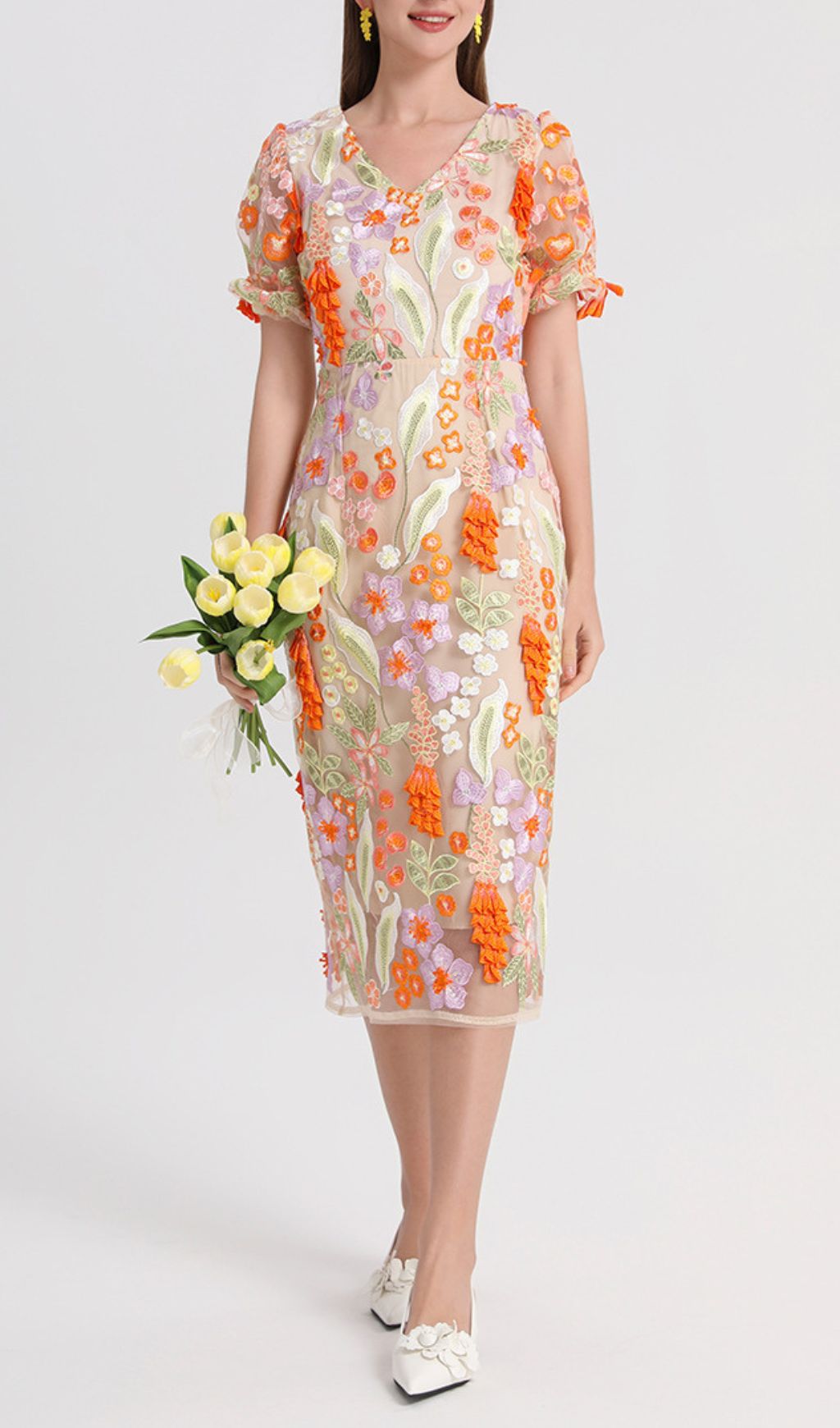 Fujiye V-Neck Flower Embroidery Midi Dress