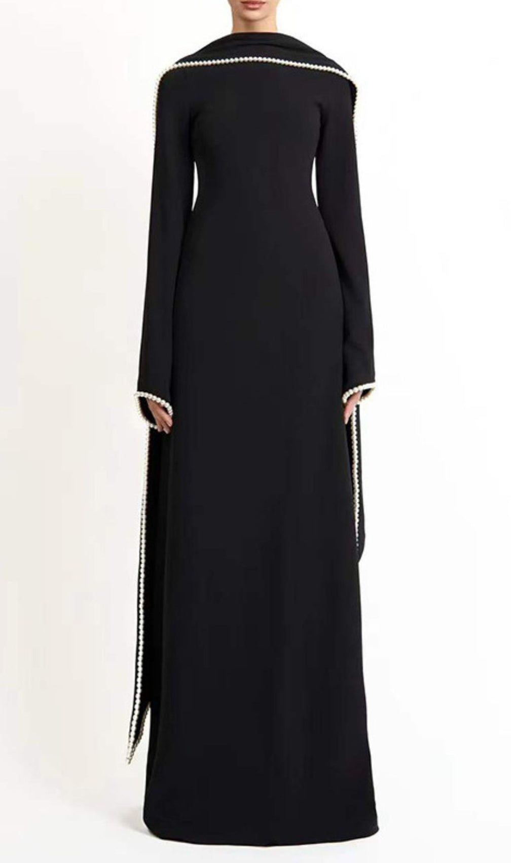 Hidi Shawl Pearl-Trimmed Maxi Dress | Elegant Long Sleeve White Gown