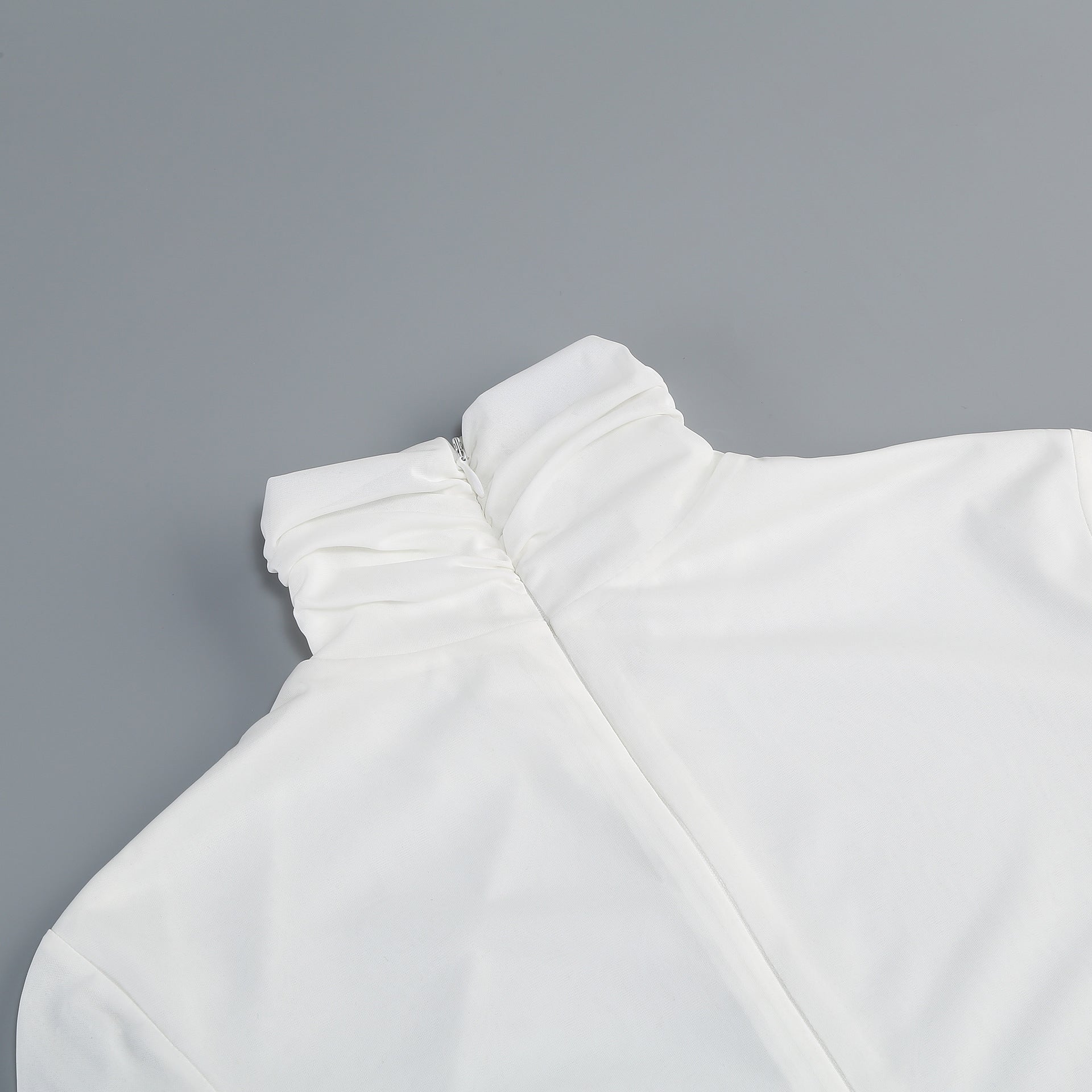 Jabbar Sculptural White Ruched Midi Dress | Elegant Long Sleeve Bodycon for Women