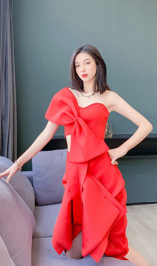 Dolores Red Bow Strapless Two-Piece Set | Asymmetrical Skirt & Ribbon Detail for Gala & Party