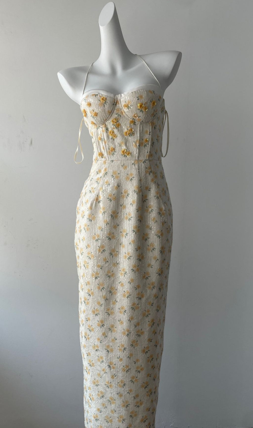 Galya Flower Embellished Corset Sequin Maxi Dress