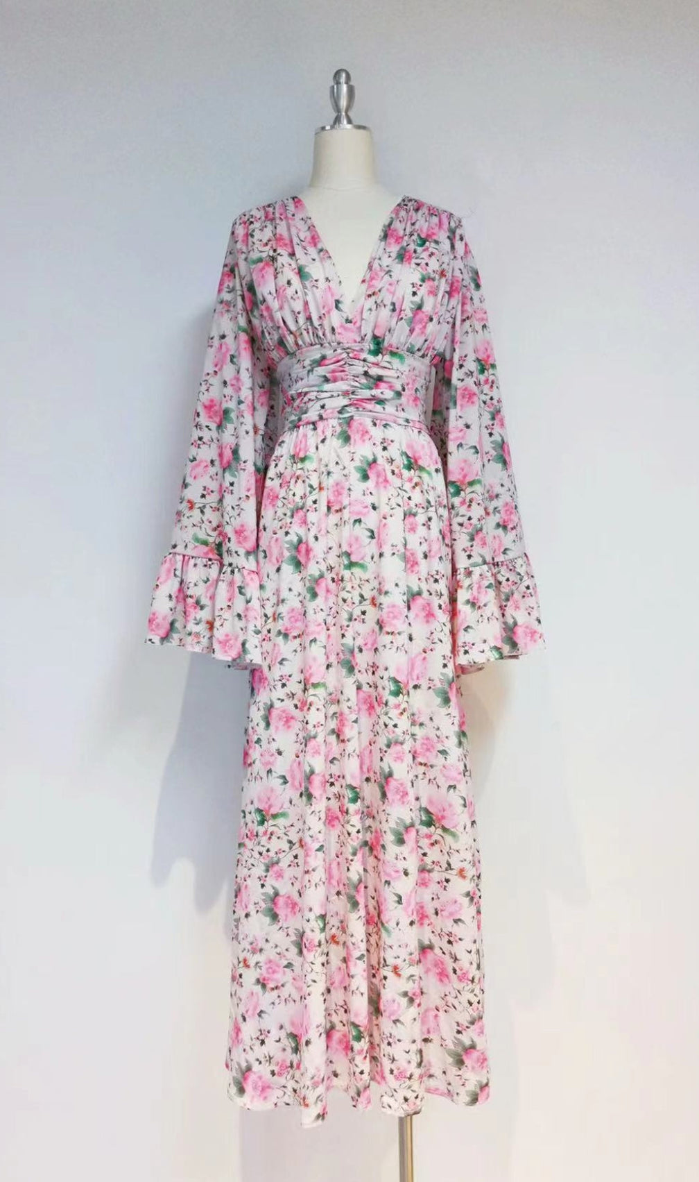 Aracely Pink V-Neck Floral Maxi Dress