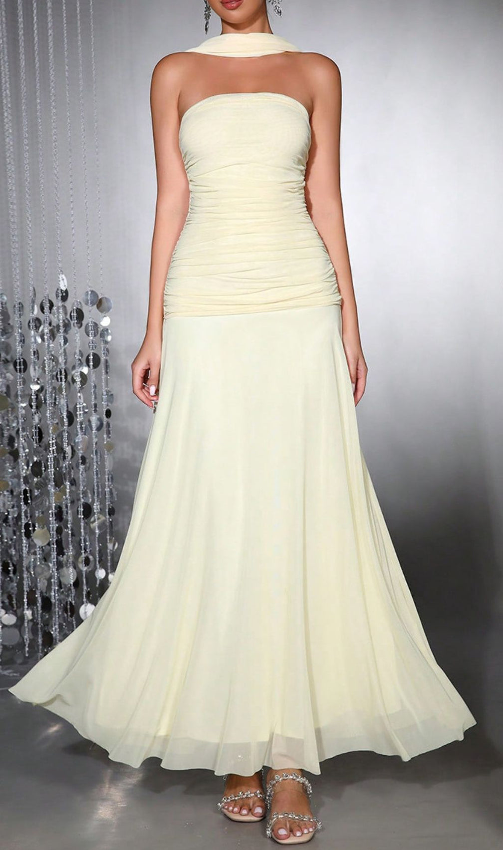 Hajar Elegant Strapless Ruched Mesh Maxi Dress - Formal Evening Gown for Women