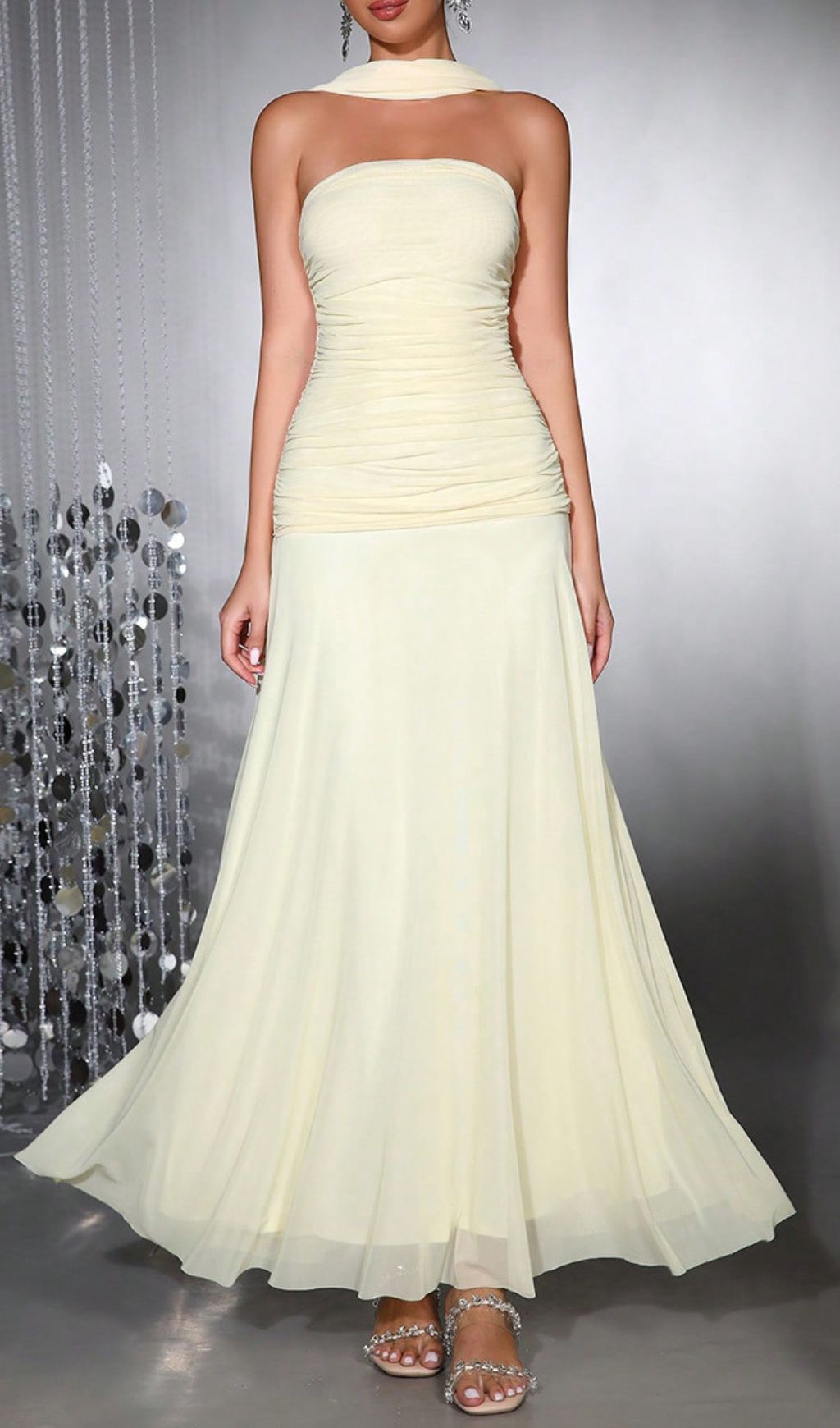 Hajar Elegant Strapless Ruched Mesh Maxi Dress - Formal Evening Gown for Women