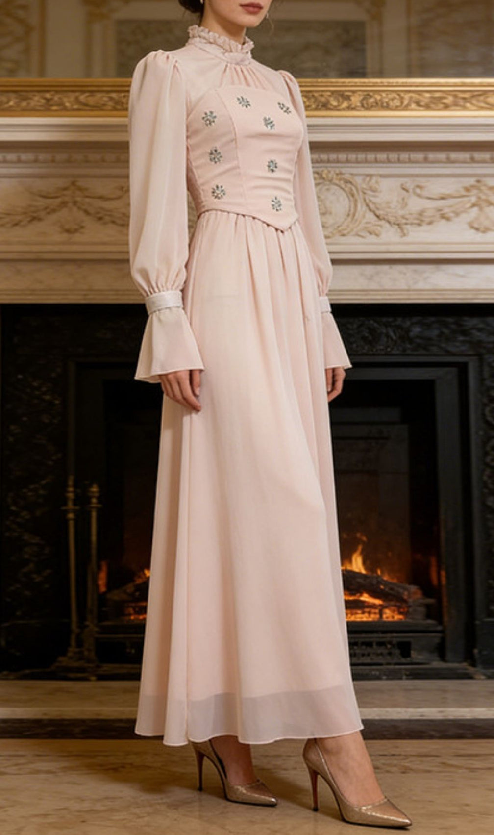 Kasha Opulent Embellished Long Sleeve Black Maxi Dress - Formal Gala & Wedding Gown