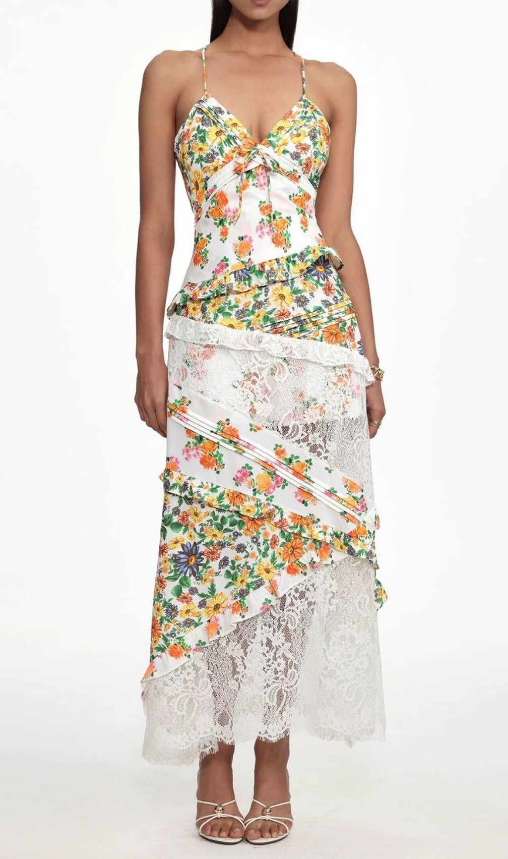 Georgia Elegant Multi-Floral & Lace Maxi Dress | V-Neck Summer Gown