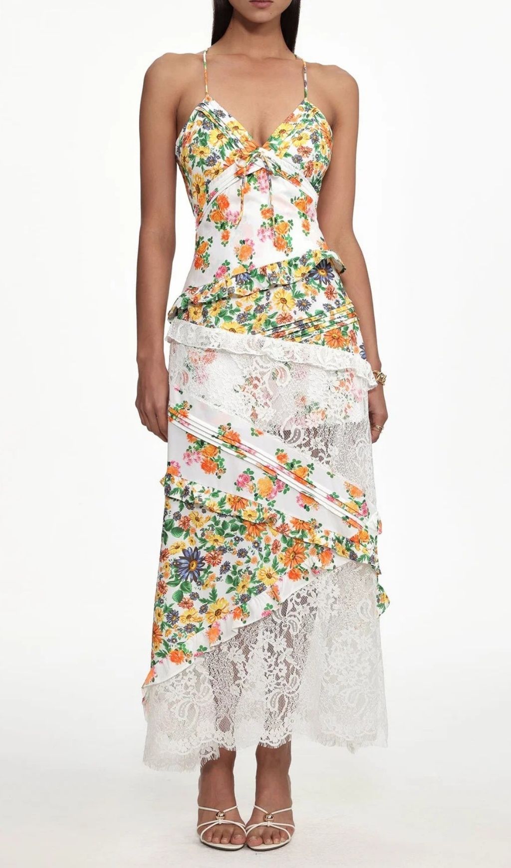 Georgia Elegant Multi-Floral & Lace Maxi Dress | V-Neck Summer Gown