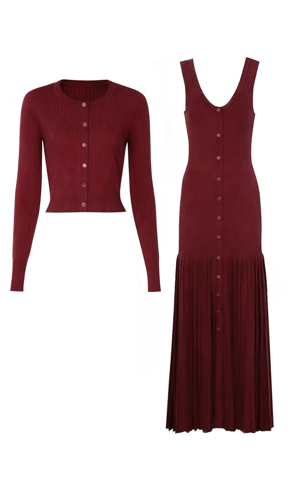 Jackie Wine Ribbed Knit Cardigan & Maxi Dress Set | Women's Elegant Co-ord