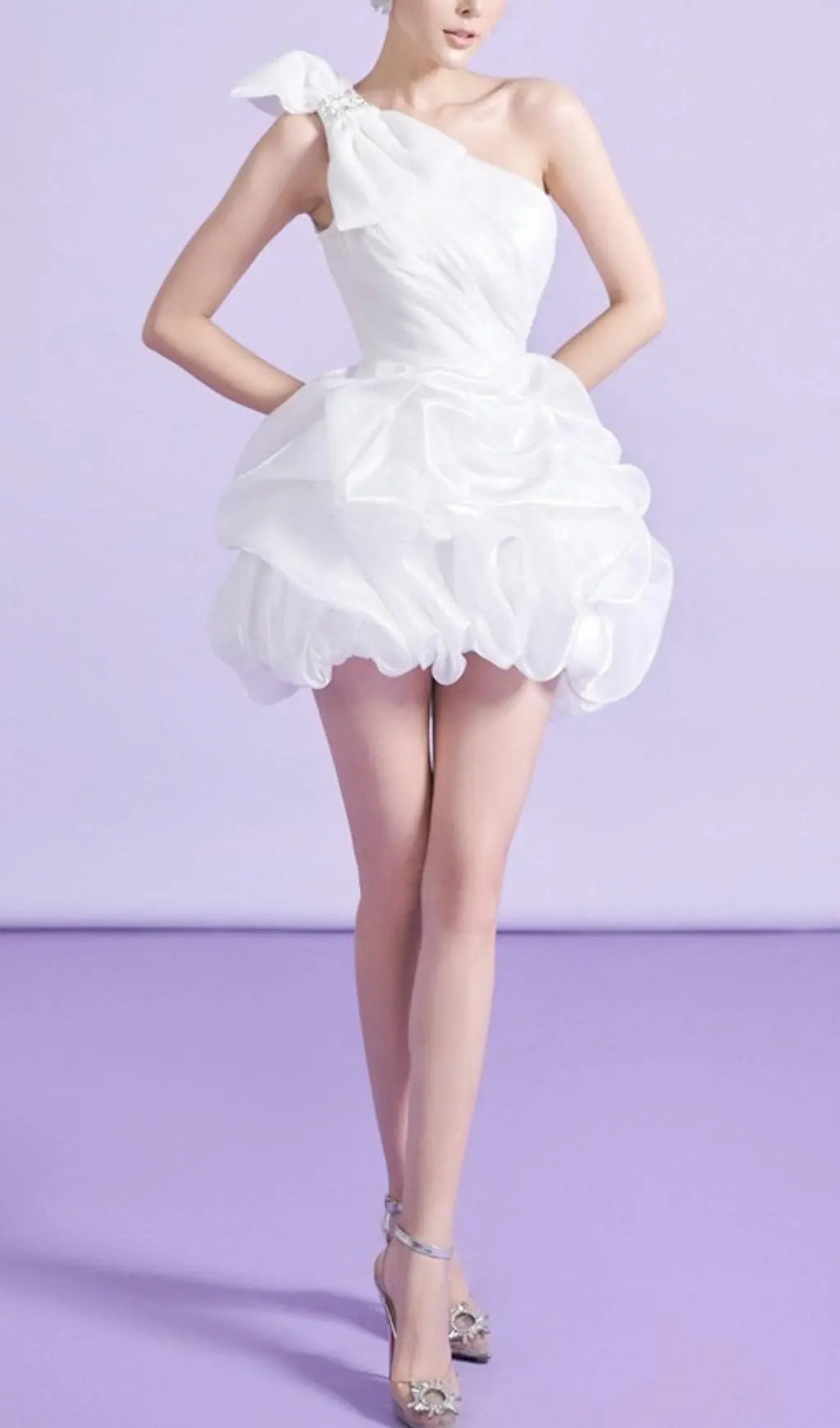 White One Shoulder Bowknot Mini Dress