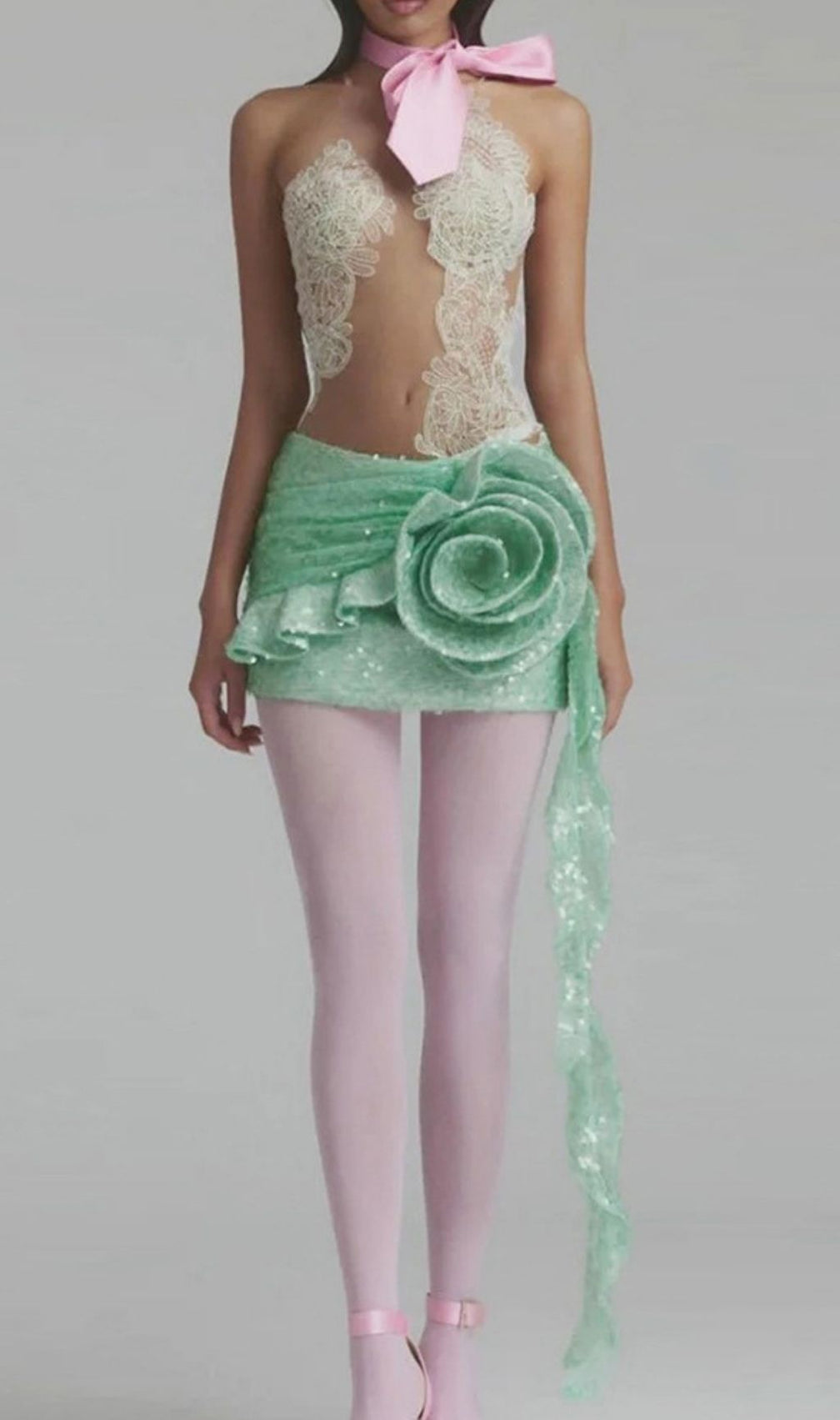 Kayla Enchanting Green Sequin & Lace Mini Dress with 3D Floral Appliqué