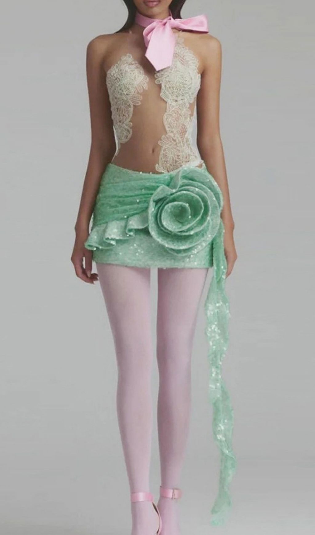 Kayla Enchanting Green Sequin & Lace Mini Dress with 3D Floral Appliqué