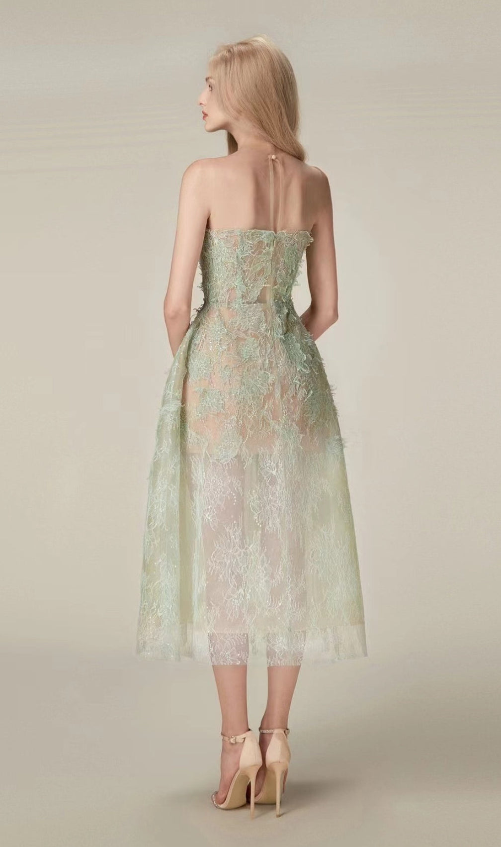 Allyson Green Floral Lace Embroider Midi Dress