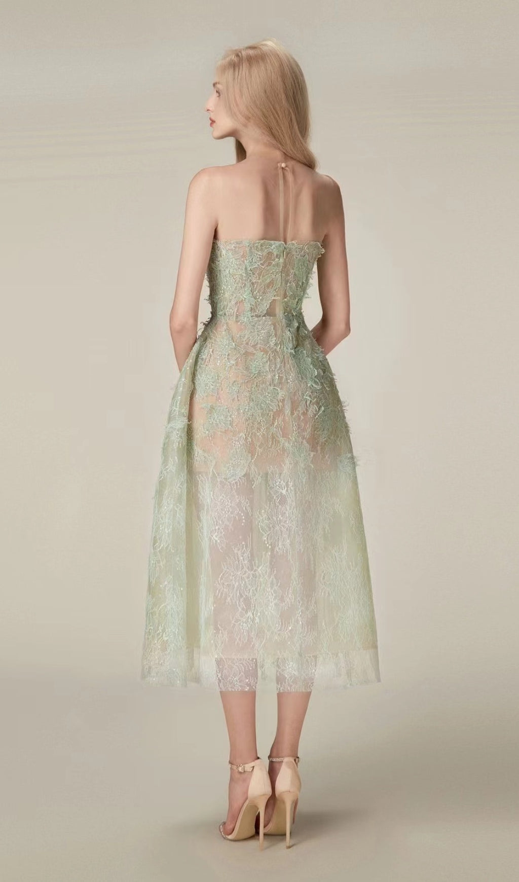 Allyson Green Floral Lace Embroider Midi Dress