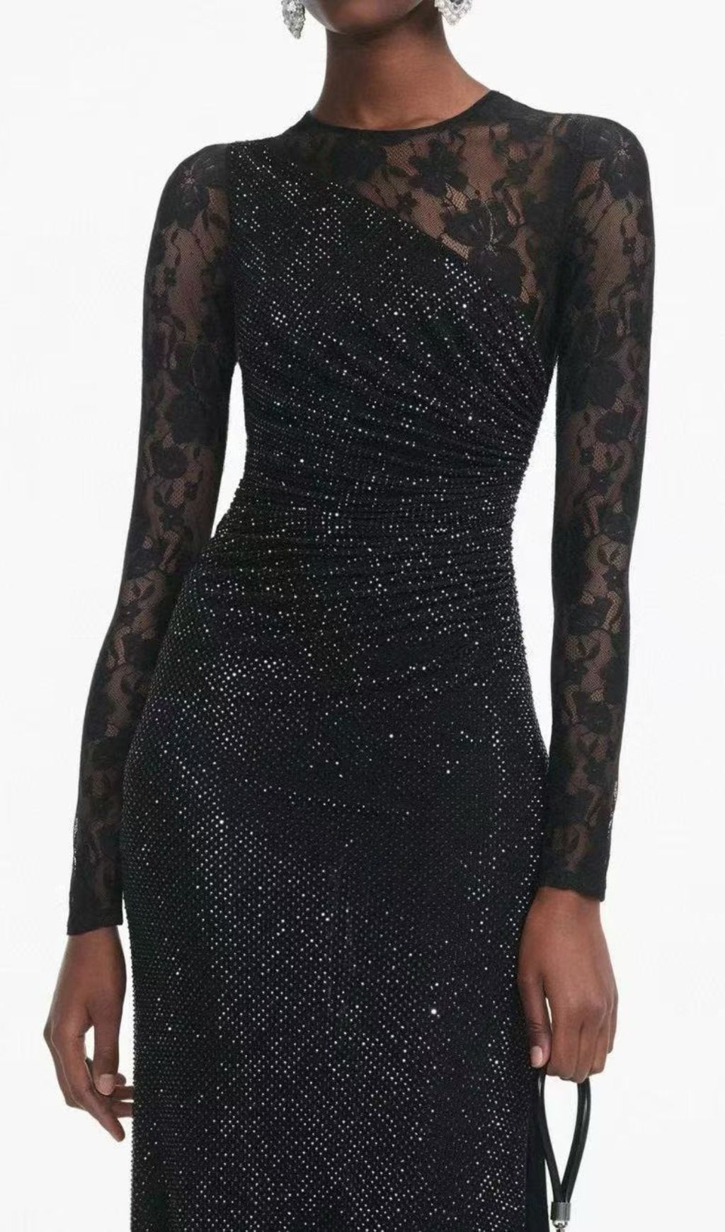 Raerion Dazzling Black Rhinestone Lace Split Maxi Dress