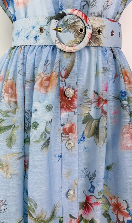 Kary Blue Floral Button-Down Maxi Dress - Elegant Belted Summer Style