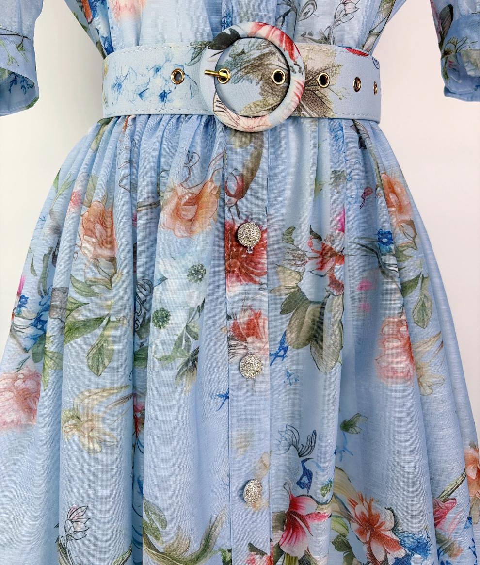 Kary Blue Floral Button-Down Maxi Dress - Elegant Belted Summer Style