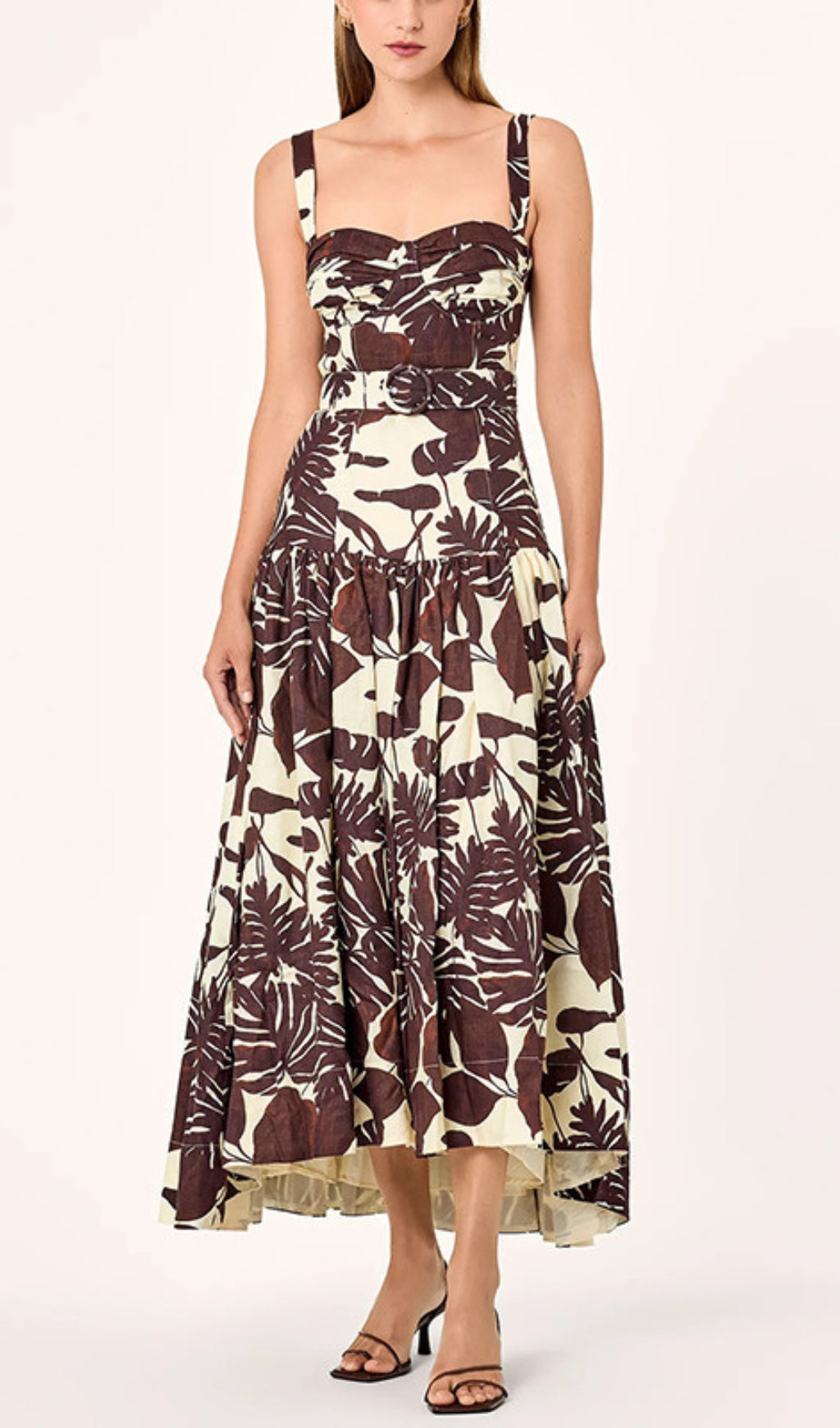 Drika Brown Strappy Printed Midi Dress