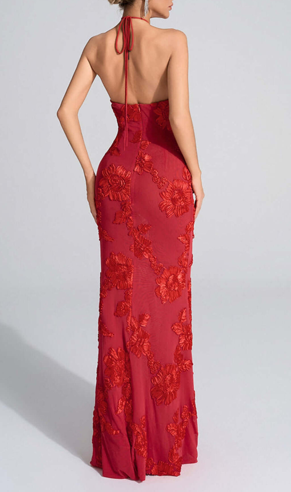 Bambi Red Halter Flower Maxi Dress