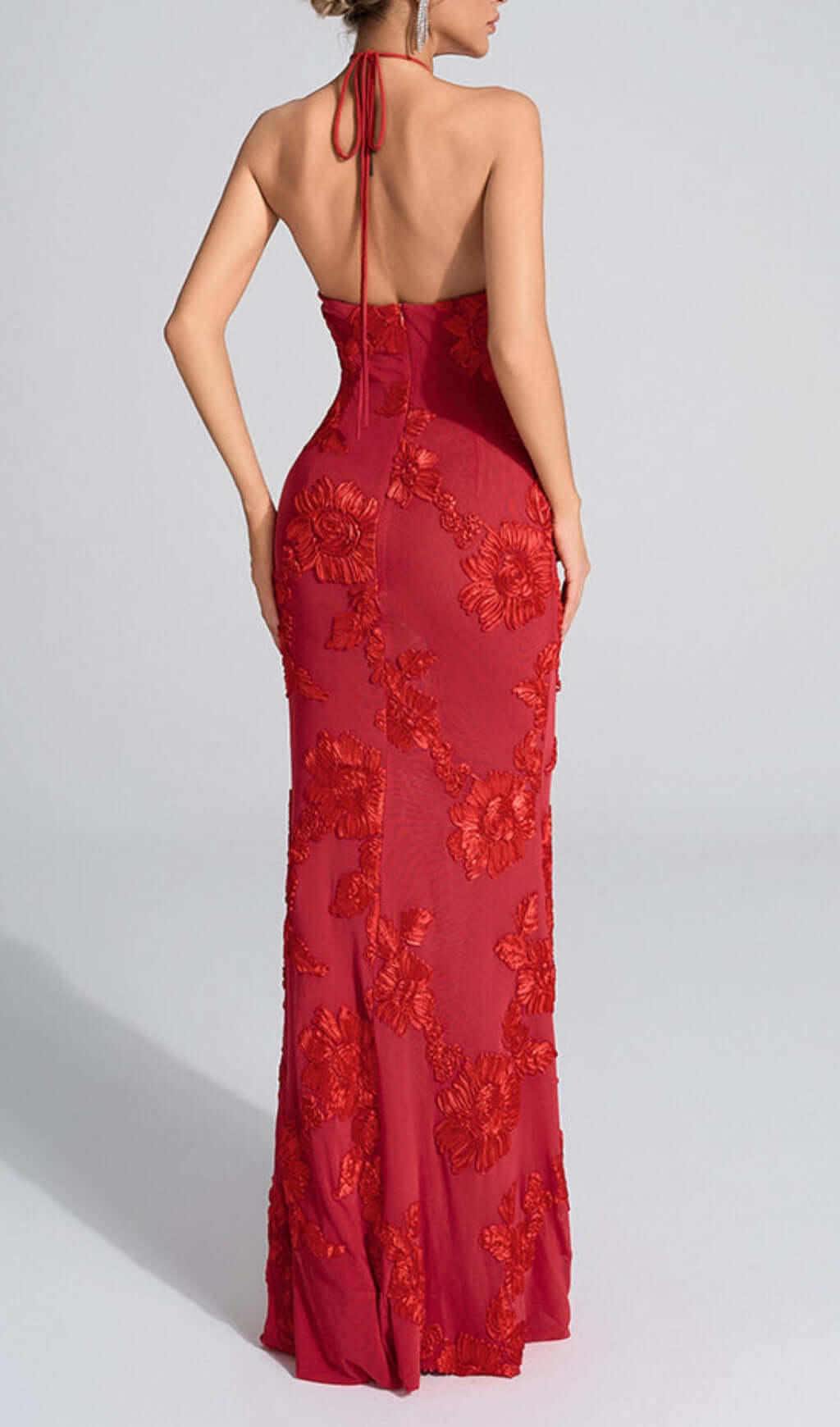 Bambi Red Halter Flower Maxi Dress