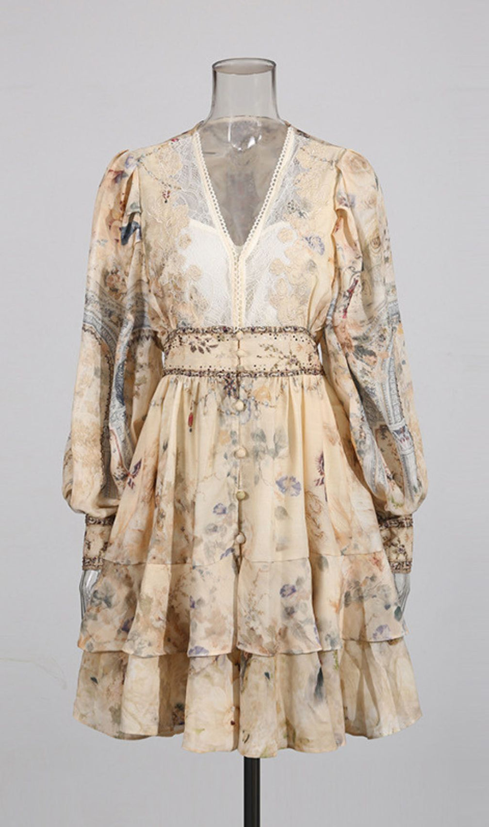 Ivano Chic Floral Print V-Neck Mini Dress with Pearl Embellishments & Long Sleeves