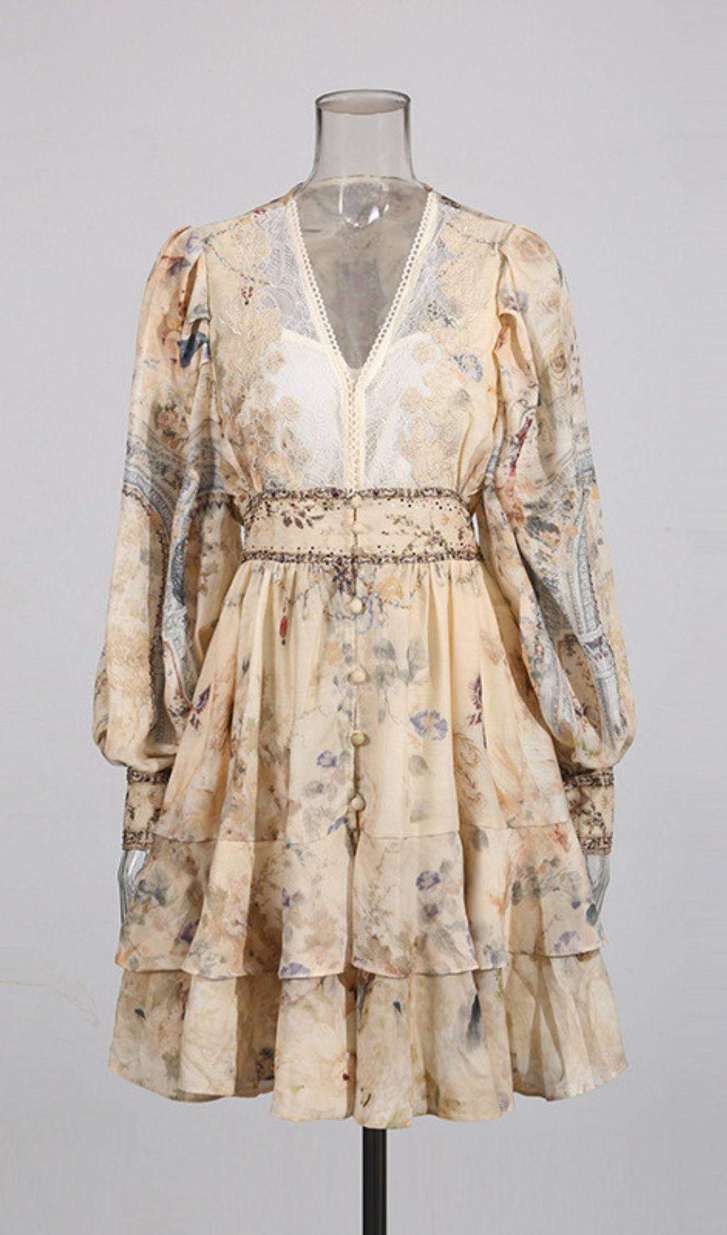 Ivano Chic Floral Print V-Neck Mini Dress with Pearl Embellishments & Long Sleeves