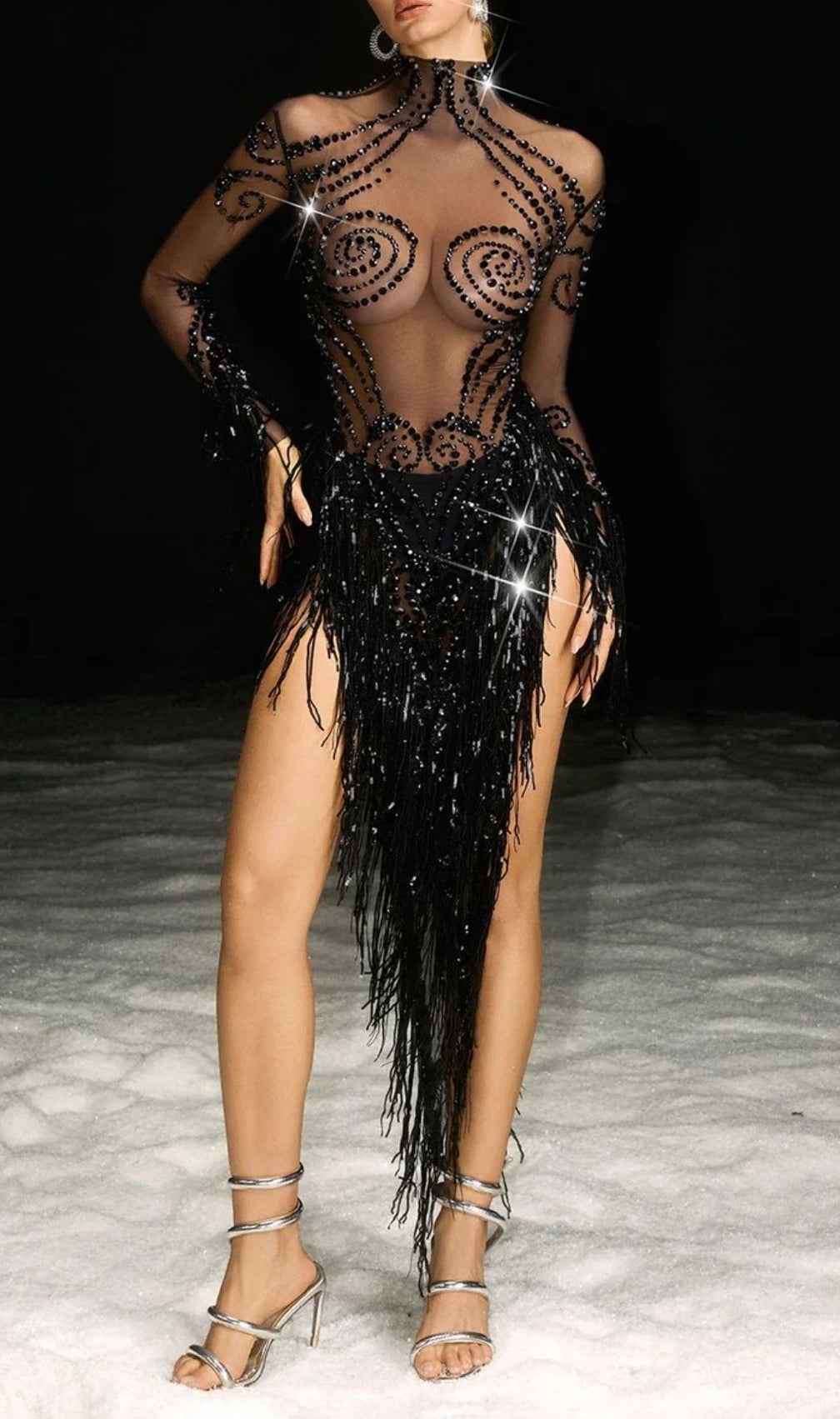 Nathari Dazzling Rhinestone Fringe Illusion Mini Dress