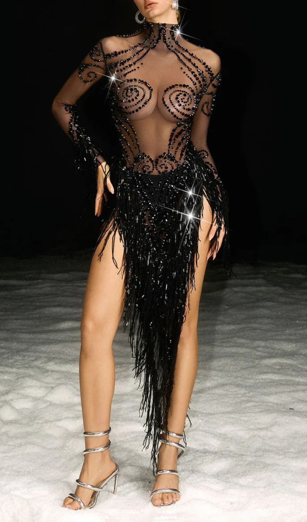 Nathari Dazzling Rhinestone Fringe Illusion Mini Dress