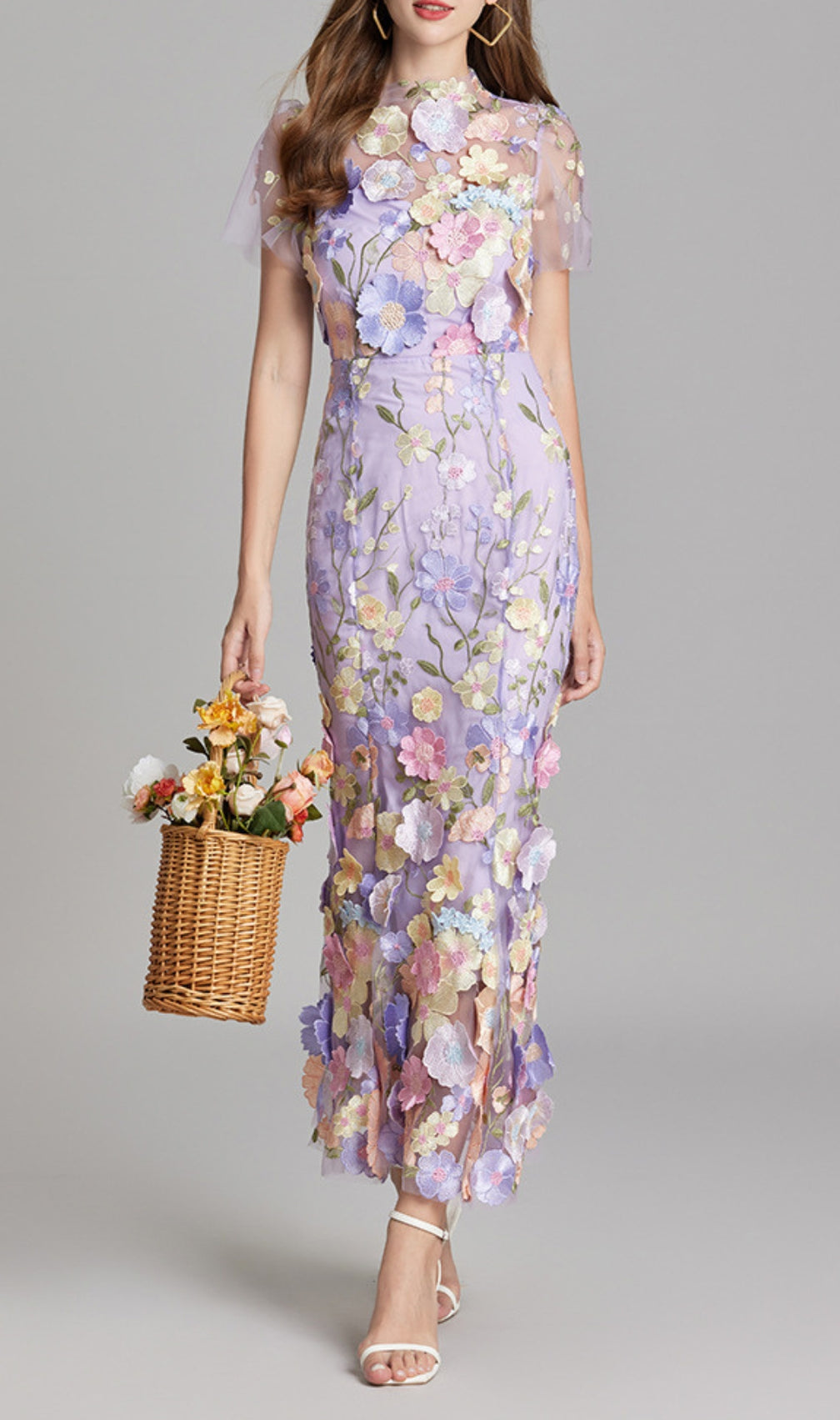 Carol Purple Floral Embroidery Mesh Fishtail Midi Dress